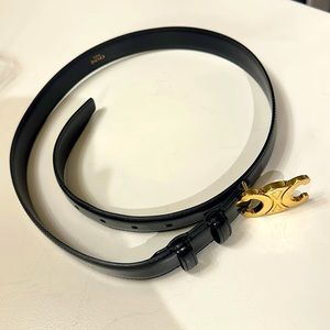 Black Celine belt with Gold Celine logo buckle